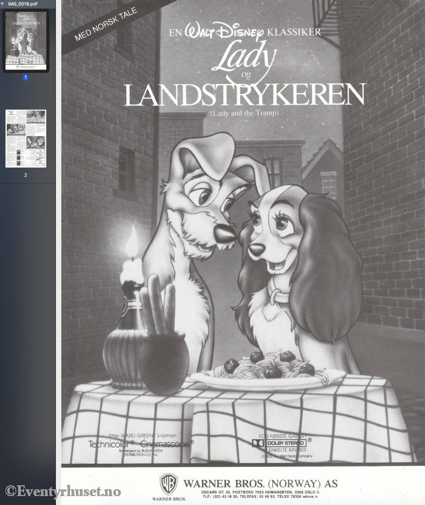 Download: Disney´s Lady Og Landstrykeren. Unik Brosjyre På 2 Sider Med Norsk Tekst (Vaskeseddel).