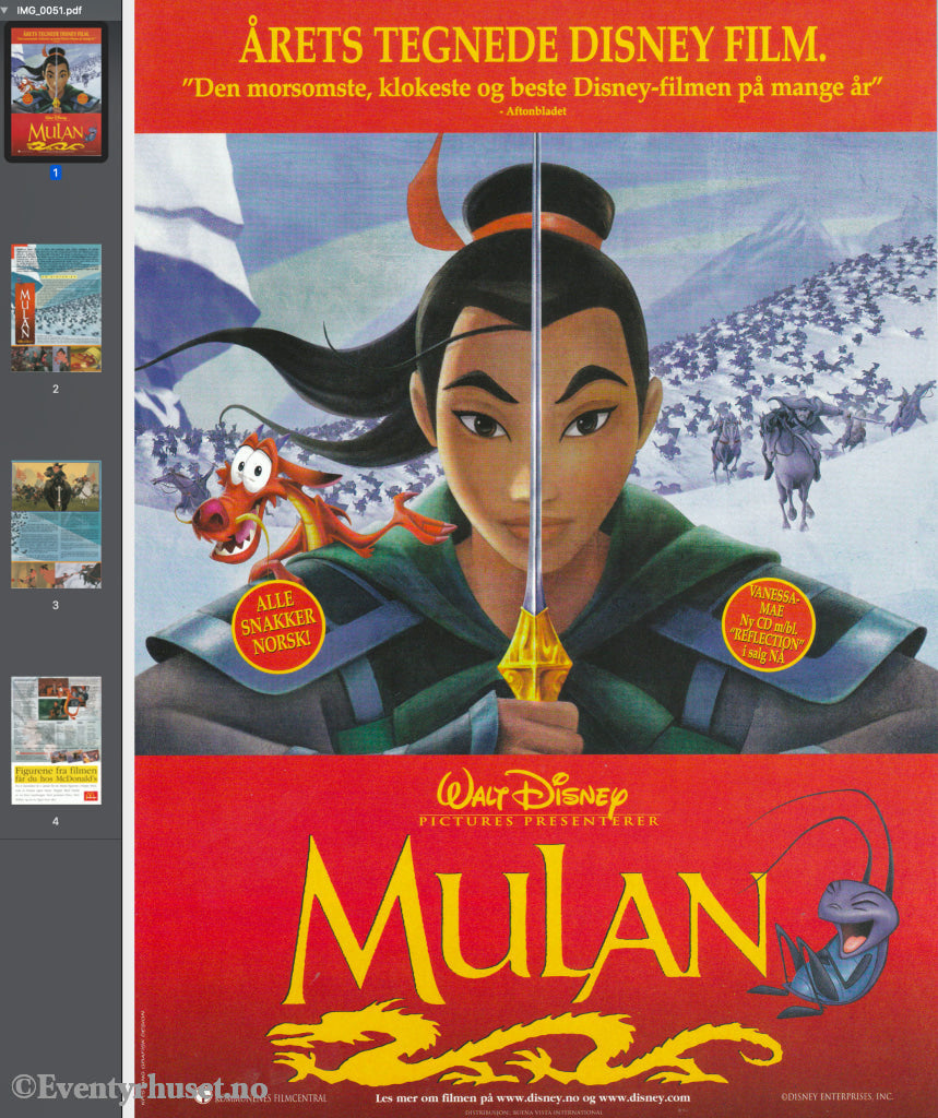 Download: Disney´s Mulan. Unik Brosjyre På 4 Sider Med Norsk Tekst (Vaskeseddel). Digital Fil I