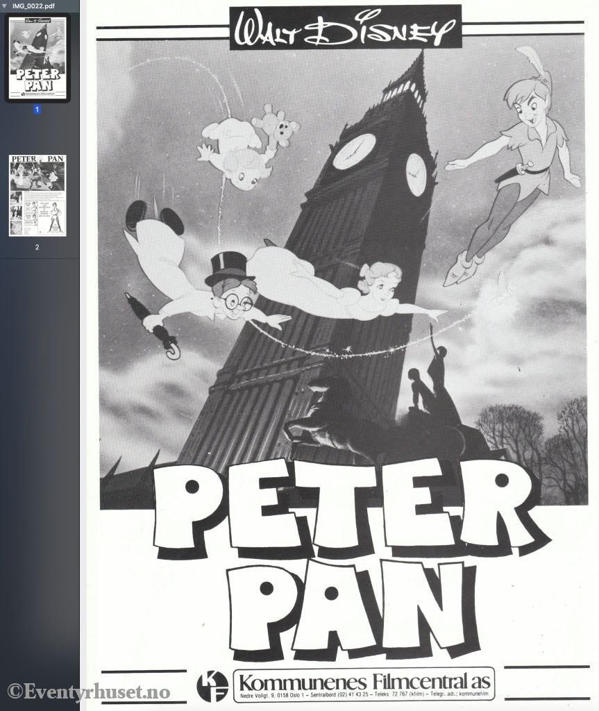 Download: Disney´s Peter Pan. Unik Brosjyre På 2 Sider Med Norsk Tekst (Vaskeseddel). Digital Fil I