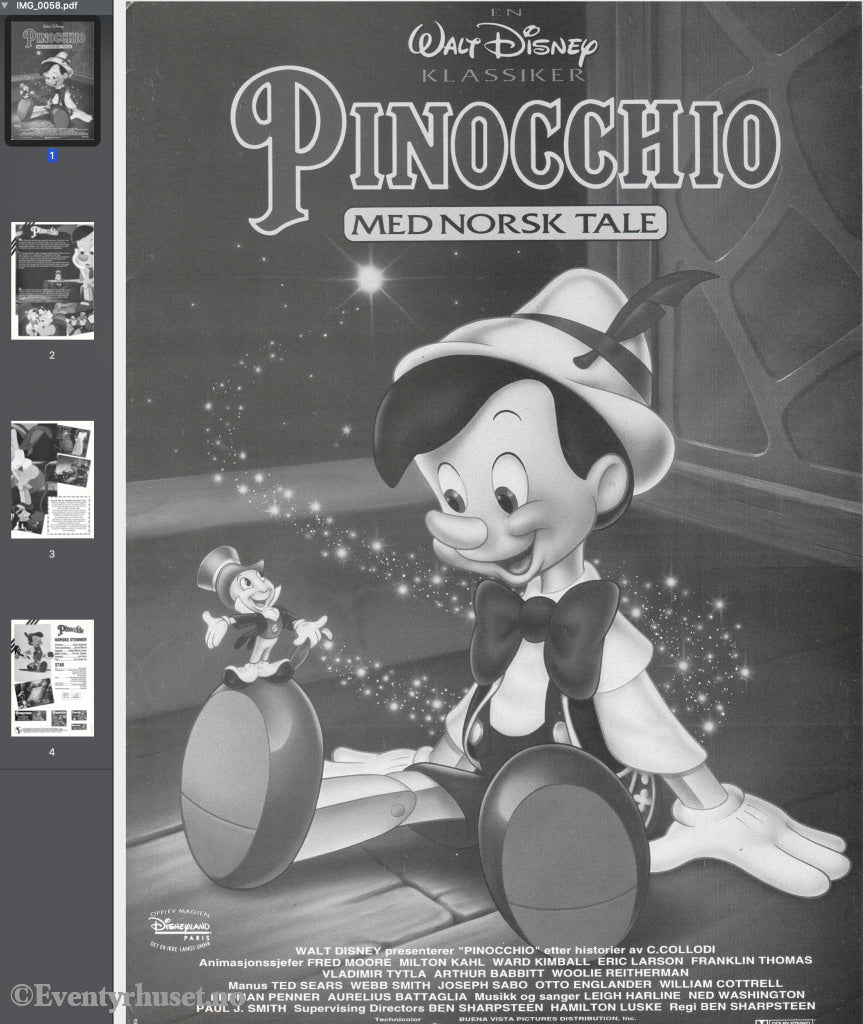 Download: Disney´s Pinocchio. Unik Brosjyre På 4 Sider Med Norsk Tekst (Vaskeseddel). Digital Fil I