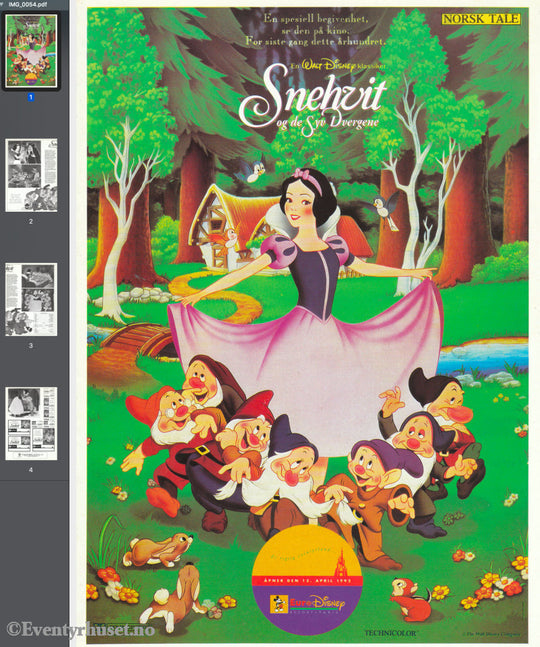 Download: Disney´s Snehvit Og De Syv Dvergene. Unik Brosjyre På 4 Sider Med Norsk Tekst