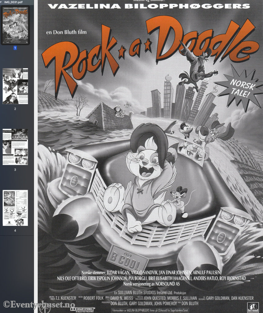 Download: Don Bluth´s Rock A Doodle. Unik Brosjyre På 4 Sider Med Norsk Tekst (Vaskeseddel). Digital