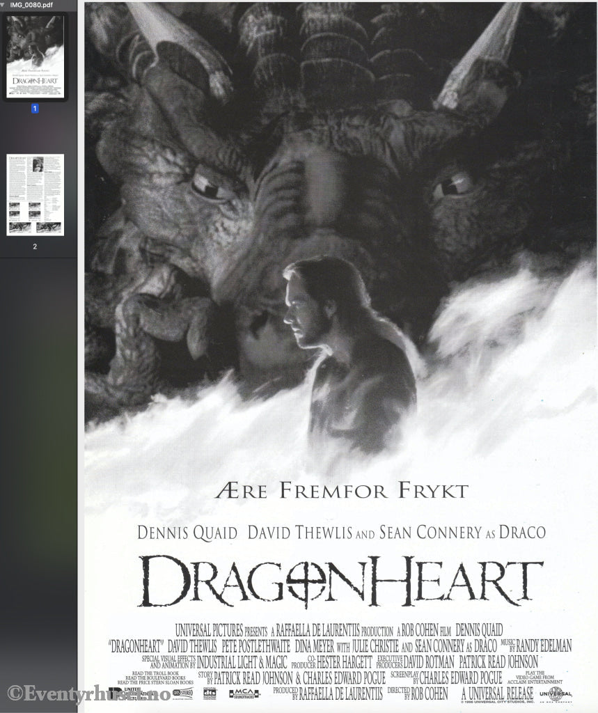 Download: Dragonheart. Unik Brosjyre På 2 Sider Med Norsk Tekst (Vaskeseddel). Digital Fil I