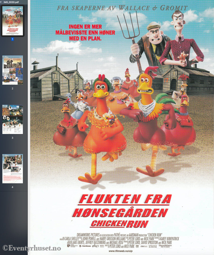 Download: Flukten Fra Hønsegården - Chicken Run. Unik Brosjyre På 4 Sider Med Norsk Tekst