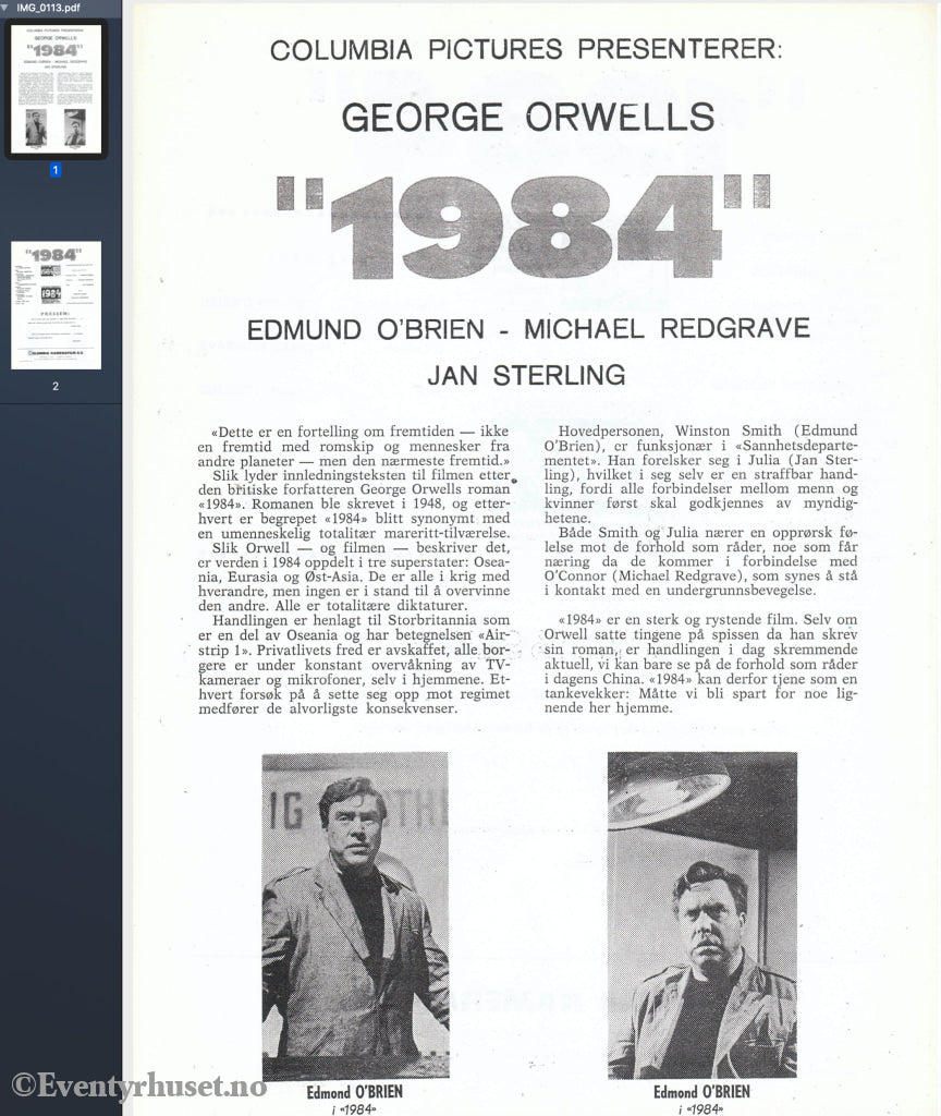 Download: George Orwells 1984. Unik Brosjyre På 2 Sider Med Norsk Tekst (Vaskeseddel). Digital Fil I