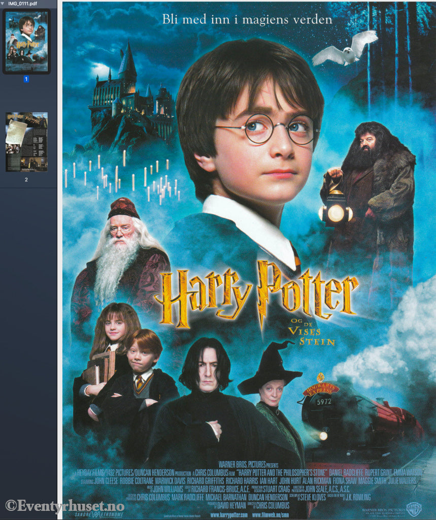 Download: Harry Potter Og De Vises Stein. Unik Brosjyre På 2 Sider Med Norsk Tekst (Vaskeseddel).