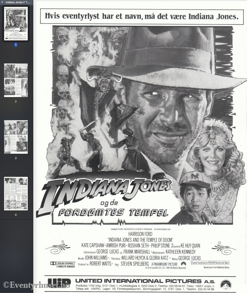 Download: Indiana Jones Og De Fordømtes Tempel. Unik Brosjyre På 4 Sider Med Norsk Tekst