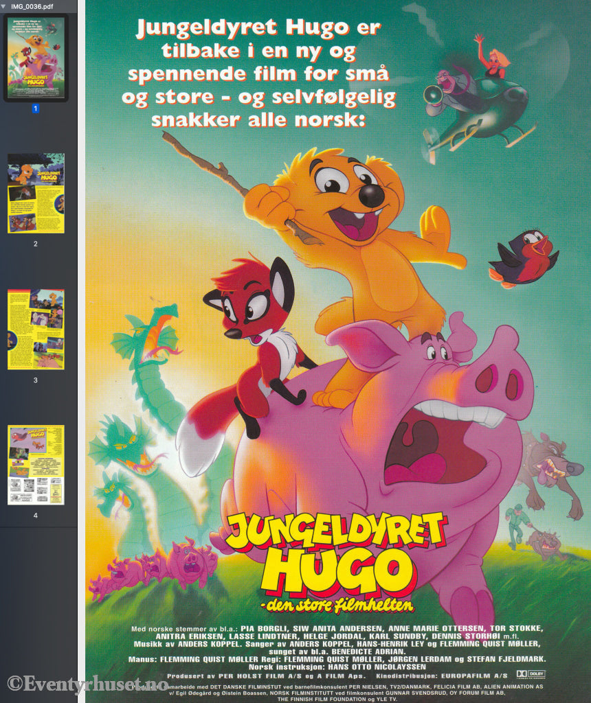 Download: Jungeldyret Hugo - Den Store Filmhelten. Unik Brosjyre På 4 Sider Med Norsk Tekst