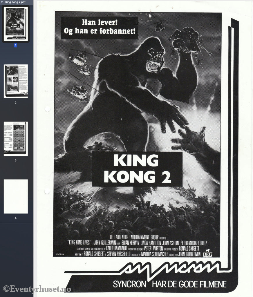 Download: King Kong 2. Unik Brosjyre På 4 Sider Med Norsk Tekst (Vaskeseddel). Digital Fil I