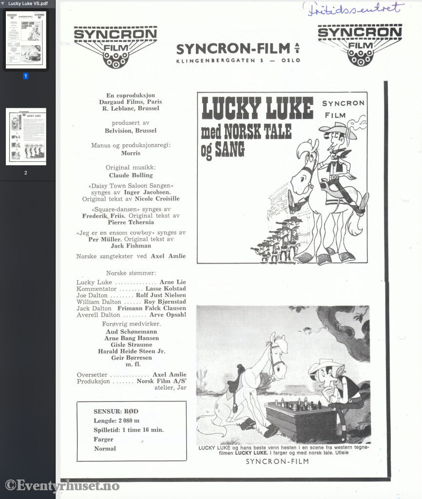 Download: Lucky Luke. Unik Brosjyre På 2 Sider Med Norsk Tekst (Vaskeseddel). Digital Fil I