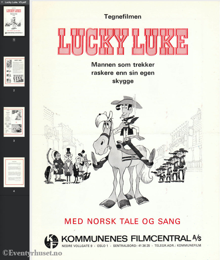Download: Lucky Luke. Unik Brosjyre På 4 Sider Med Norsk Tekst (Vaskeseddel). Digital Fil I