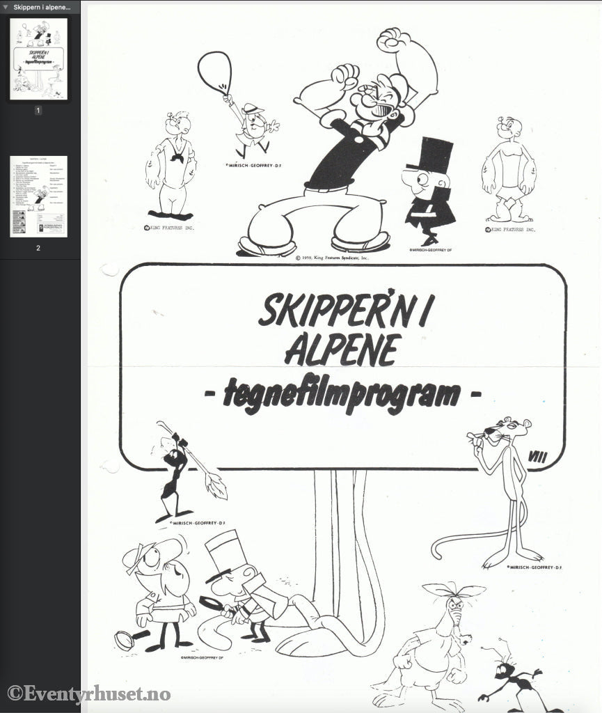 Download: Skipper´n I Alpene - Tegnefilmprogram. Unik Brosjyre På 2 Sider Med Norsk Tekst