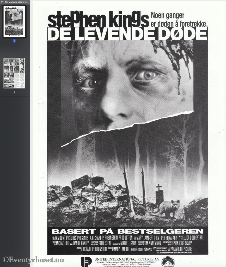 Download: Stephen Kings De Levende Døde. Unik Brosjyre På 2 Sider Med Norsk Tekst (Vaskeseddel).