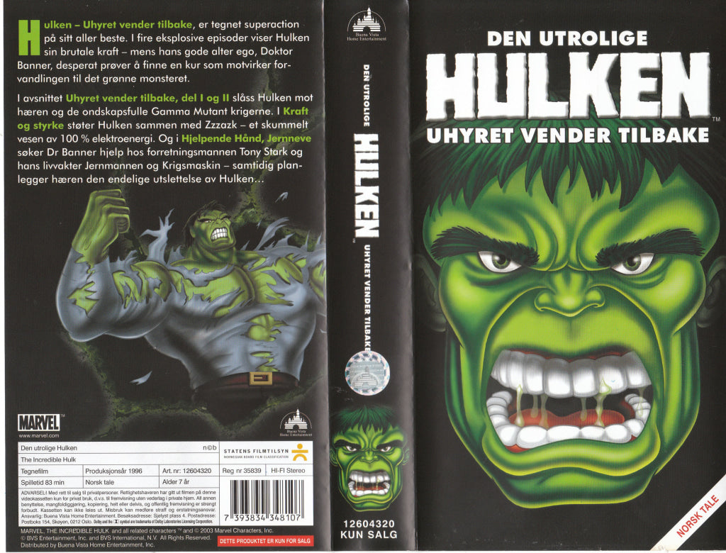 Download / Stream: Den utrolige hulken - uhyret vender tilbake. 1996. VHS SB. Norwegian dubbing. VHS