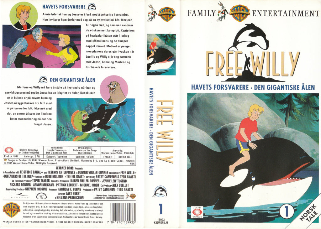Download / Stream: Free Willy Tegnefilm. Vol. 1. Havets forsvarere - Den gigantiske ålen. 1994. VHS SB. Norwegian
