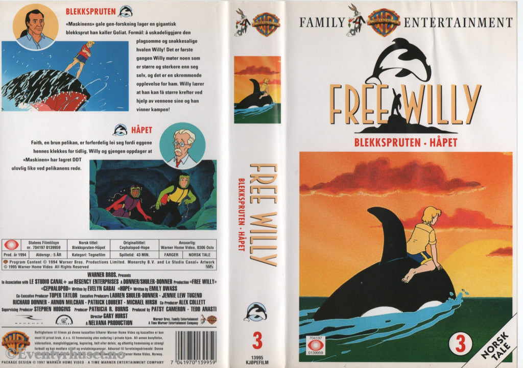 Download / Stream: Free Willy. Vol. 3. Blekkspruten - Håpet. 1994. VHS. Norwegian dubbing. VHS