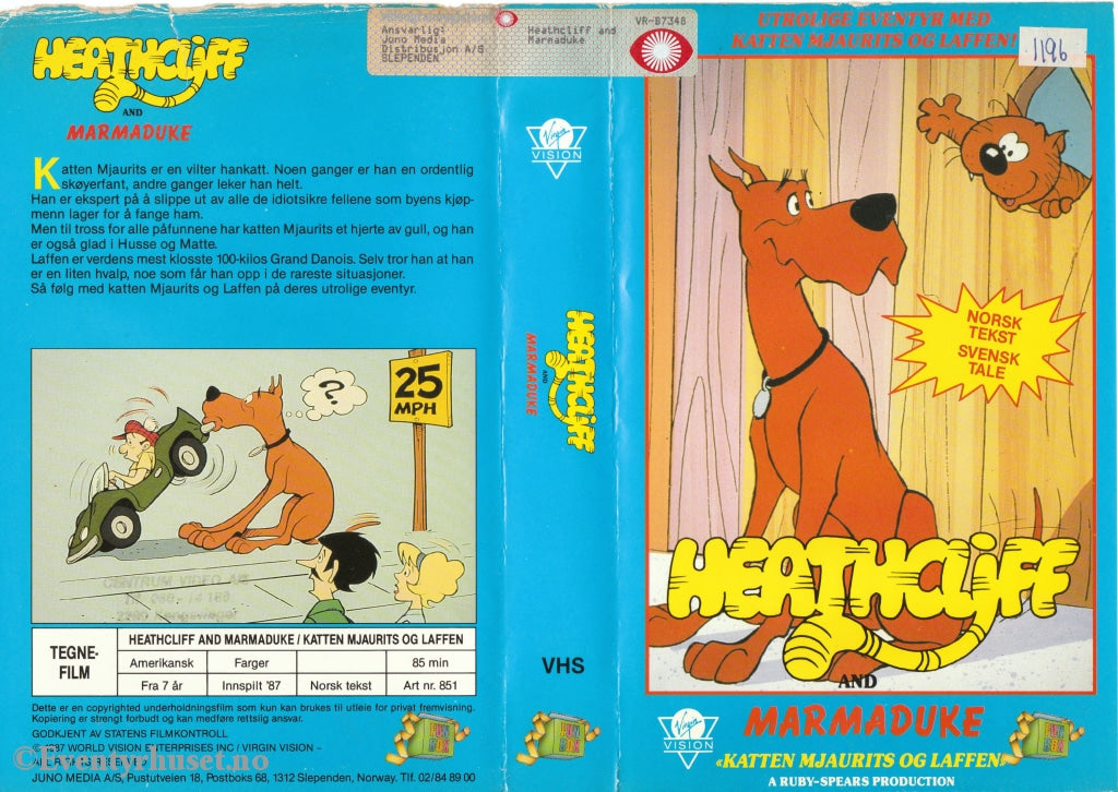 Download / Stream: Heathcliff & Marmaduke (Katten Mjaurits Og Laffen). 1987. Vhs Big Box. Norwegian