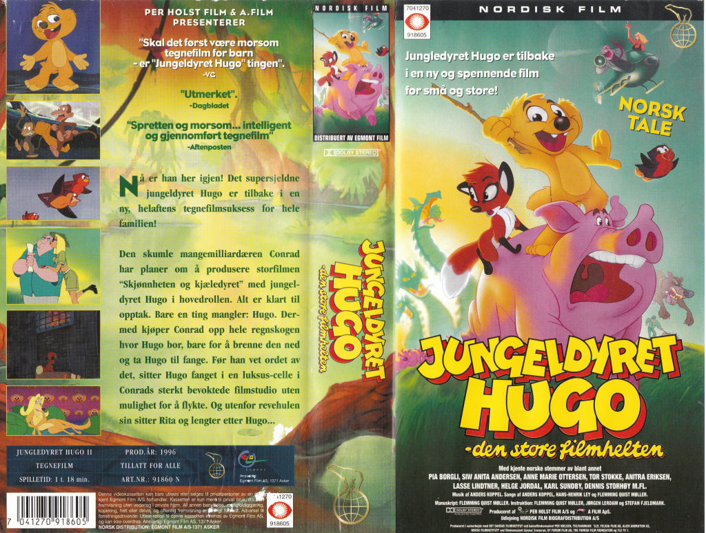 Download / Stream: Jungeldyret Hugo - Den store filmhelten. 1996. VHS SB. Norwegian dubbing. VHS