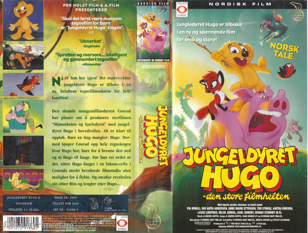 Download / Stream: Jungeldyret Hugo - Den store filmhelten. 1996. VHS SB. Norwegian dubbing. VHS