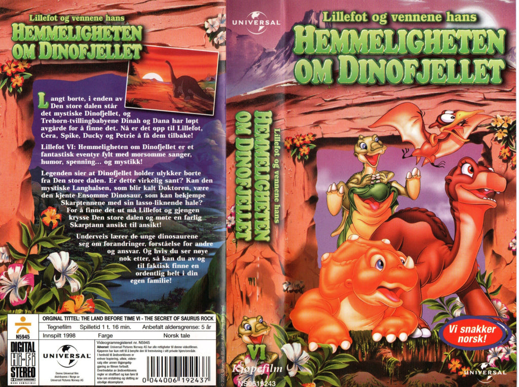 Download / Stream: Lillefot og vennene hans. Vol. 6. Hemmeligheten om Dinofjellet. 1998. VHS SB. Norwegian dubbing. VHS