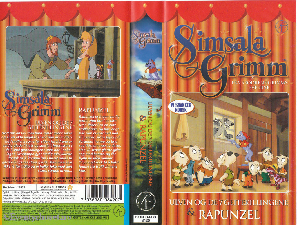 Download / Stream: Simsala Grimm - Ulven og de 7 geitekillingene & Rapunzel. 1999. VHS SB. Norwegian dubbing. VHS