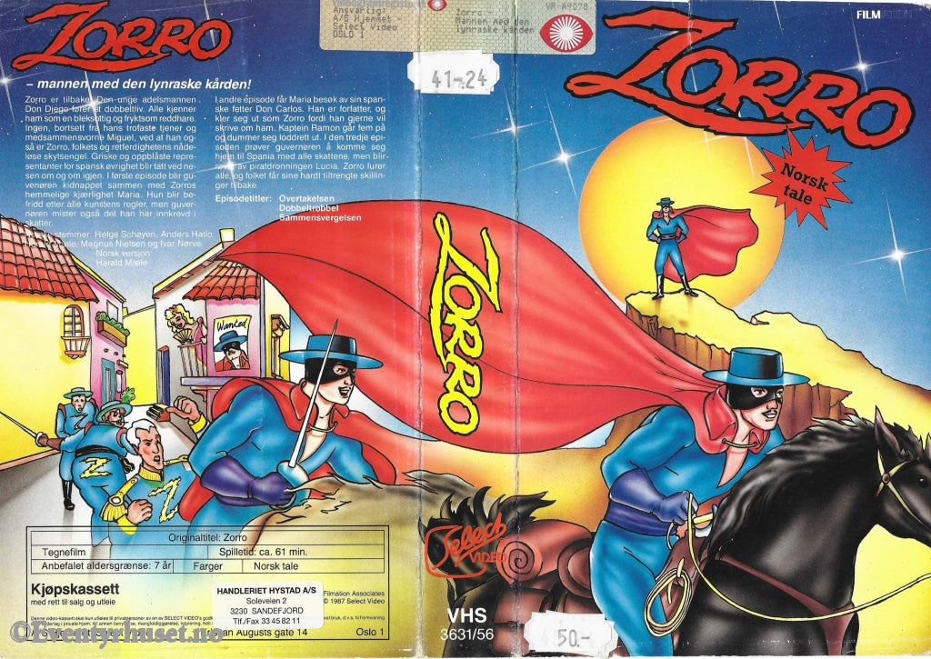 Download / Stream: Zorro - Mannen Med Den Lynraske Kården. 1988. Vhs Big Box. Norwegian Dubbing.