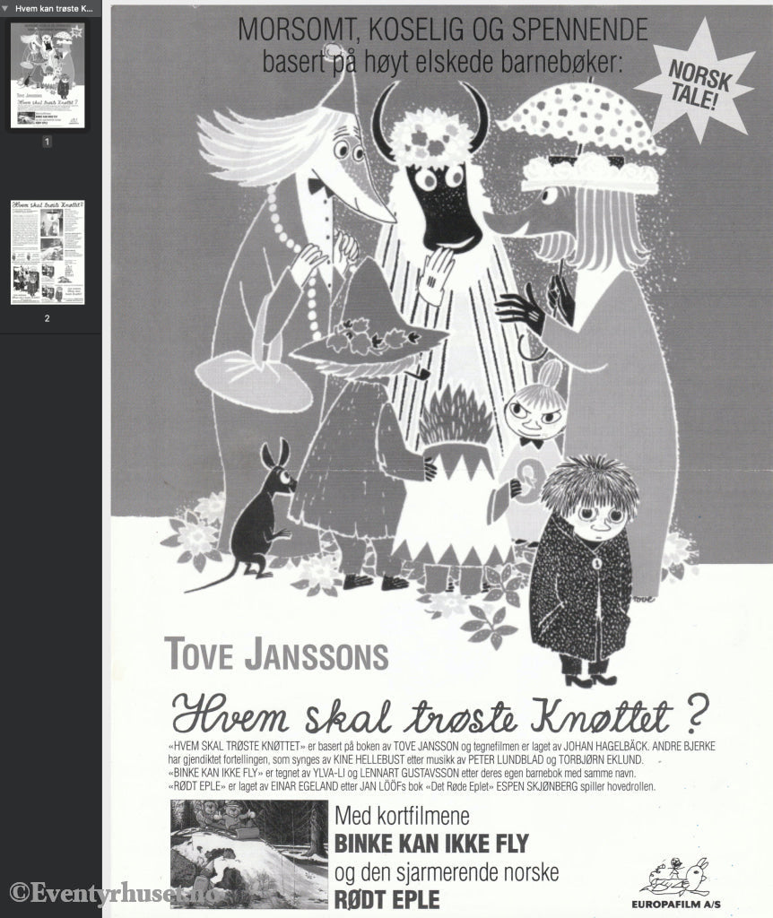 Download: Tove Jansson´s Hvem Skal Trøste Knøttet (Mummitrollet). Unik Brosjyre På 2 Sider Med Norsk