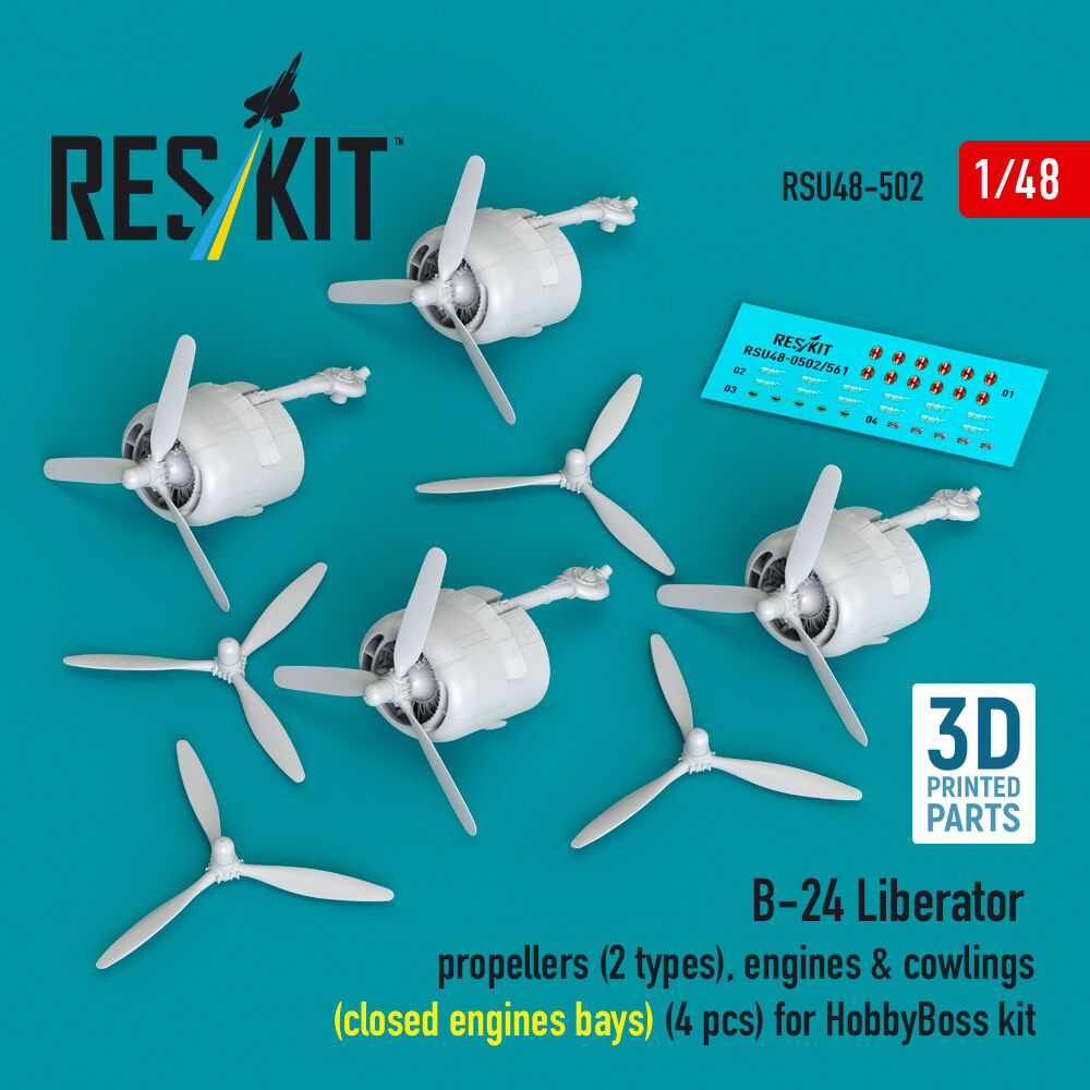 B-24 Liberator propellers (2 types), engines & cowlings (closed engine bays) (4 pcs) (3D Printed) for Hobby Boss