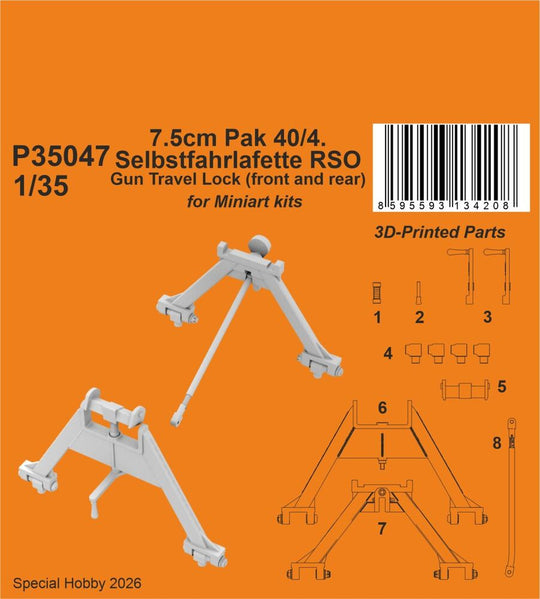7.5cm Pak 40/4. Selbstfahrlafette RSO – Gun Travel Lock (front and rear) for Miniart