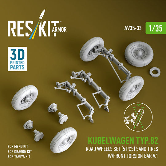 Kubelwagen typ.82 road wheels set (5 pcs) sand tires w/front torsion bar V.1 (3D Printed) for Meng / Dragon / Tamiya