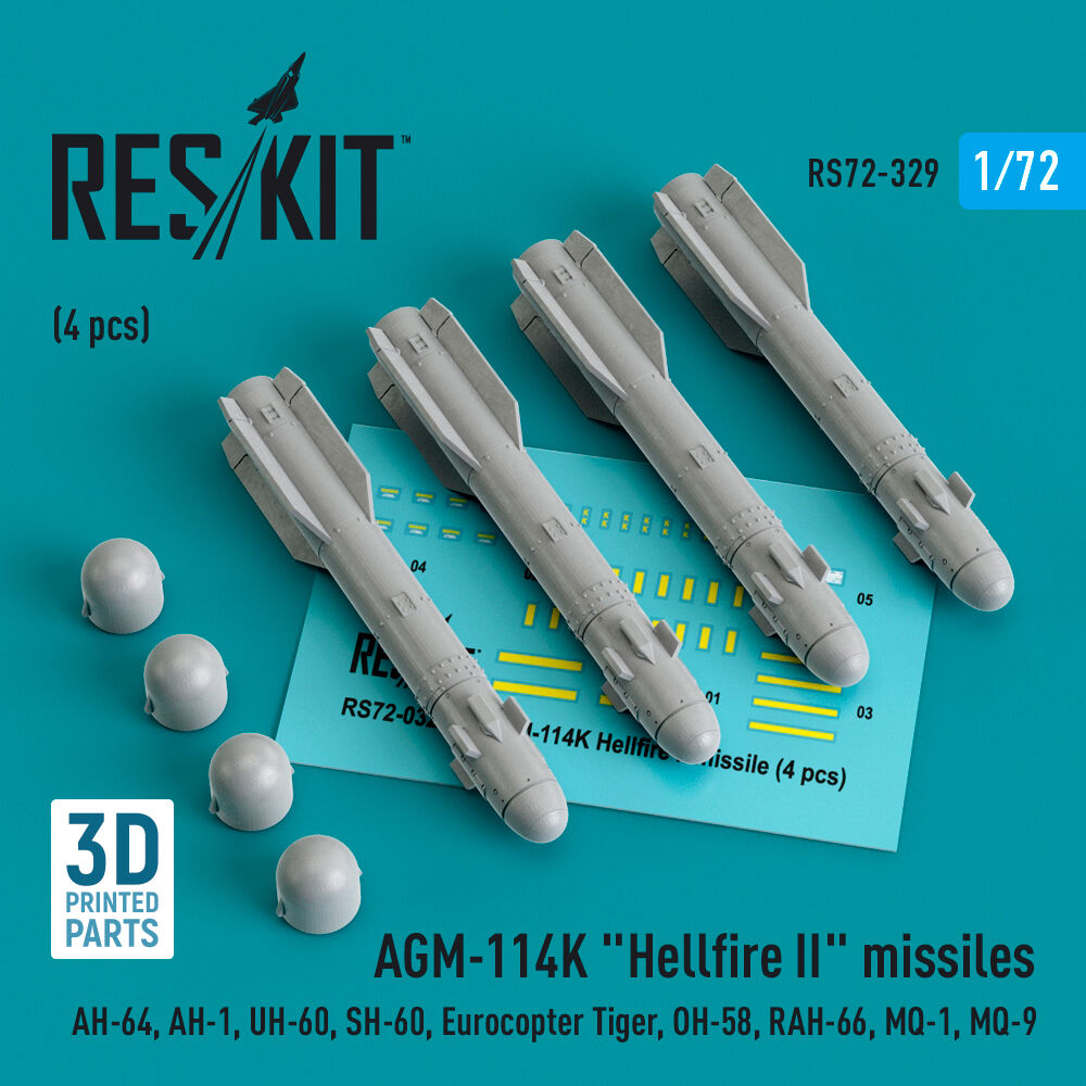AGM-114K Hellfire II missiles (4 pcs) (AH-64, AH-1, UH-60, SH-60, Eurocopter Tiger, OH-58, RAH-66, MQ-1, MQ-9) (3D Printed)