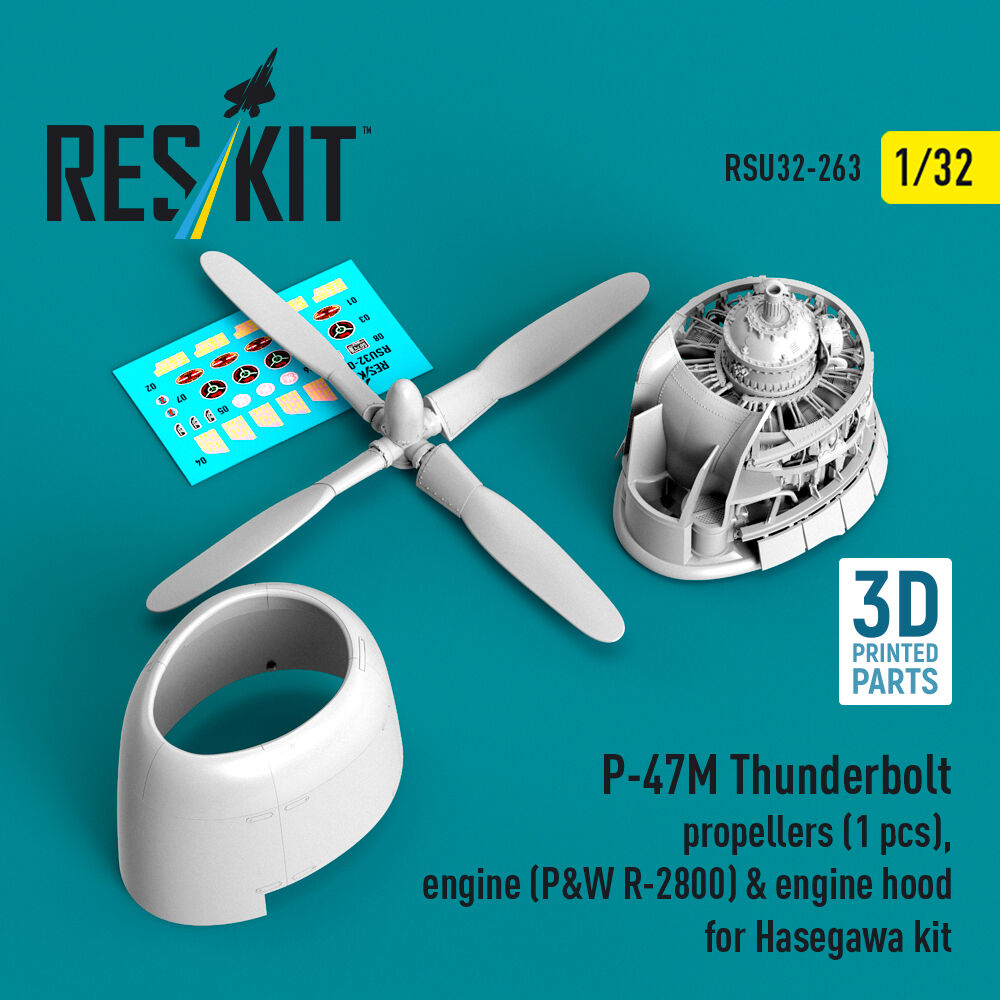 P-47M Thunderbolt propeller (1 pcs), engine (P&W R-2800) & engine hood (3D Printed) for Hasegawa