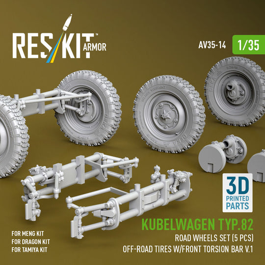 Kubelwagen typ.82 road wheels set (5 pcs) off-road tires w/front torsion bar V.1 (3D Printed) for Meng / Dragon / Tamiya
