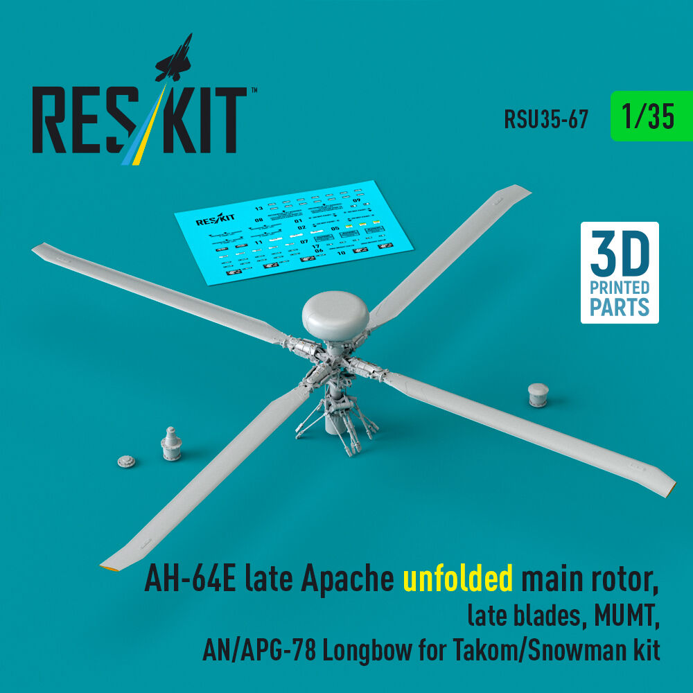 AH-64E late Apache unfolded main rotor, late blades, MUMT, AN/APG-78 Longbow for Takom/Snowman kit (3D Printed)