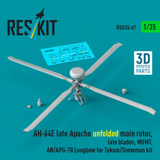 AH-64E late Apache unfolded main rotor, late blades, MUMT, AN/APG-78 Longbow for Takom/Snowman kit (3D Printed)