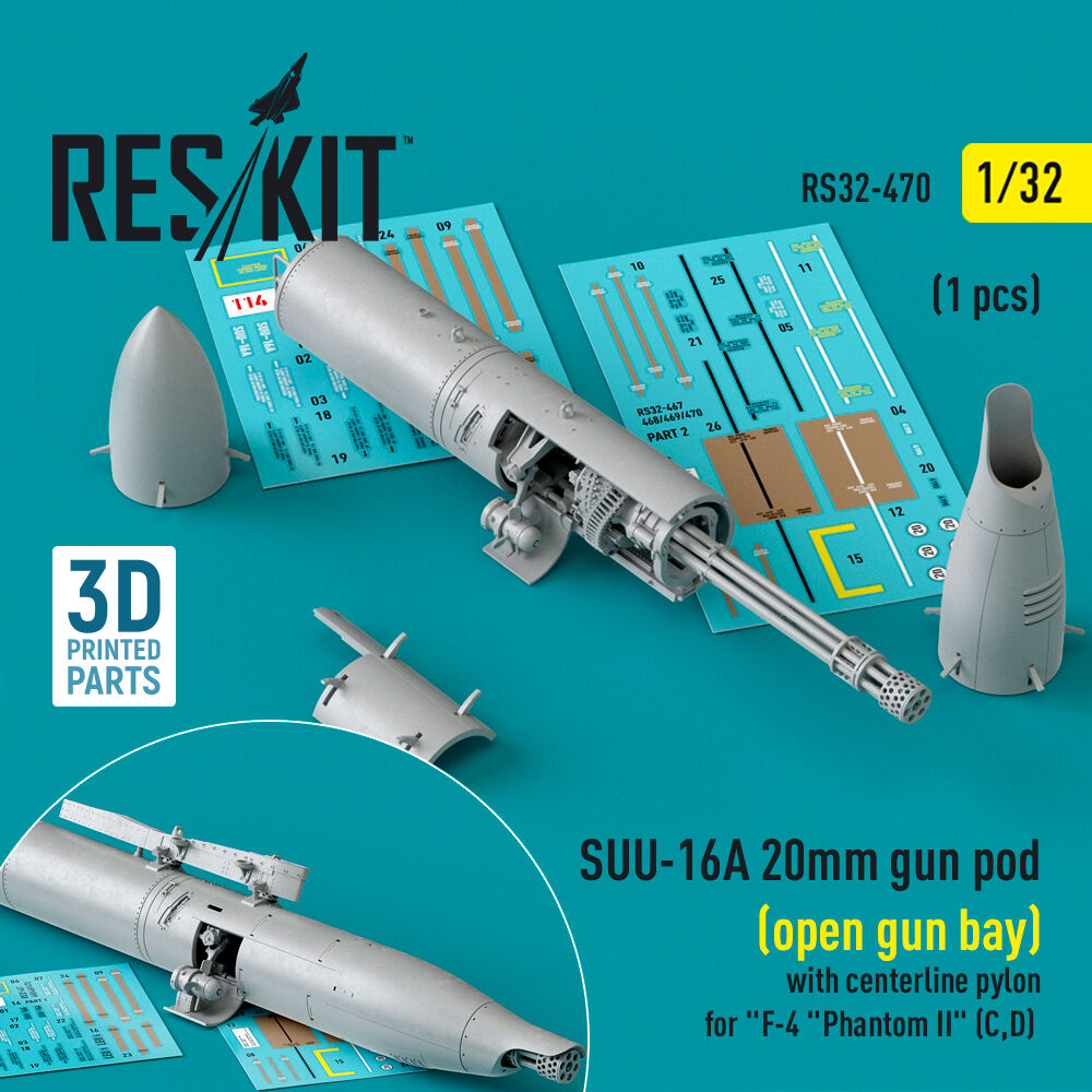 SUU-16A 20mm gun pod (open gun bay) with centerline pylon for F-4 Phantom II (C,D) (1 pcs) (3D Printed)