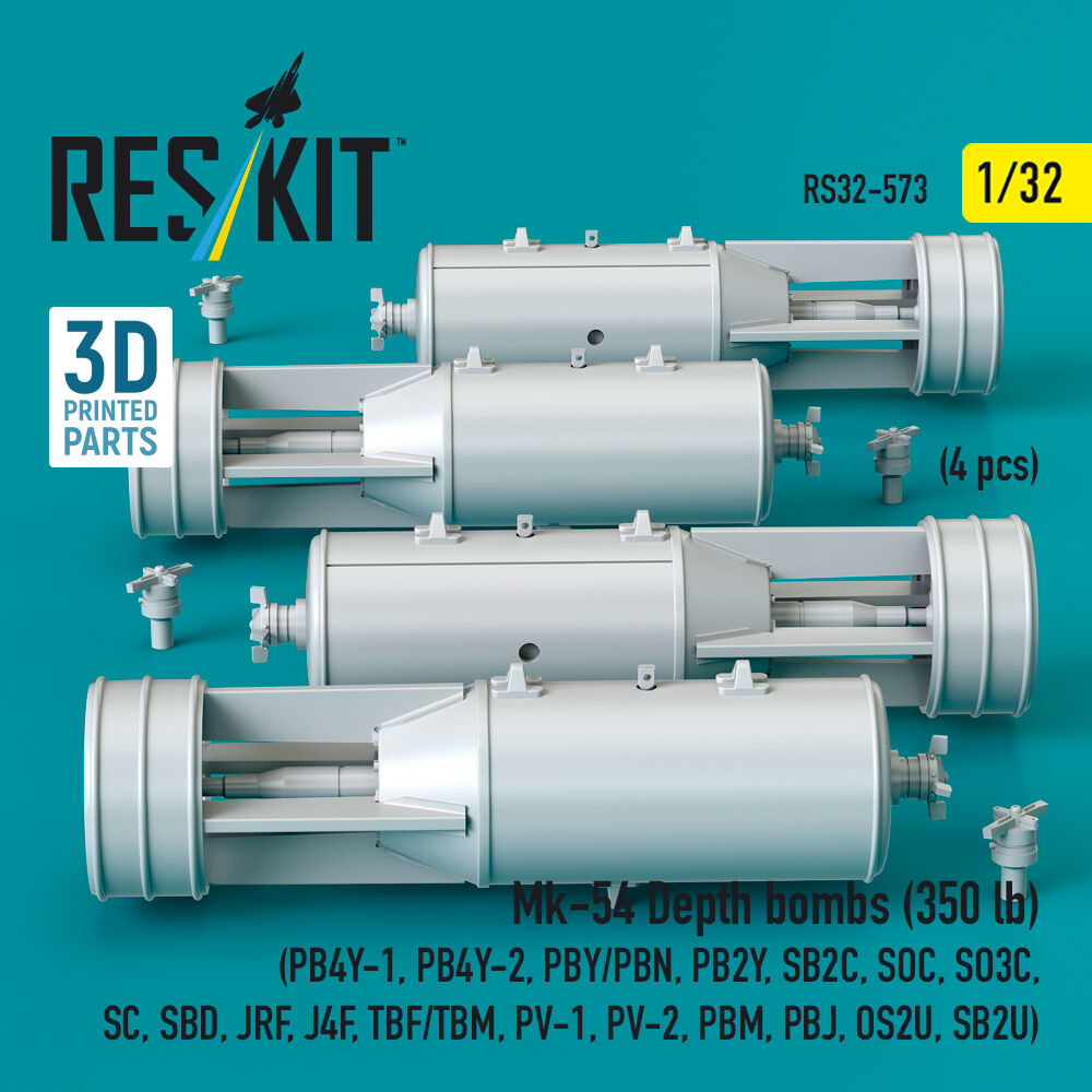 Mk-54 Depth bombs (350 lb) (4 pcs) (PB4Y-1, PB4Y-2, PBY/PBN, PB2Y, SB2C, SOC, SO3C, SC, SBD, JRF, J4F, TBF/TBM, PV-1, PV-2, PBM, PBJ, OS2U, SB2U) (3D Printed)