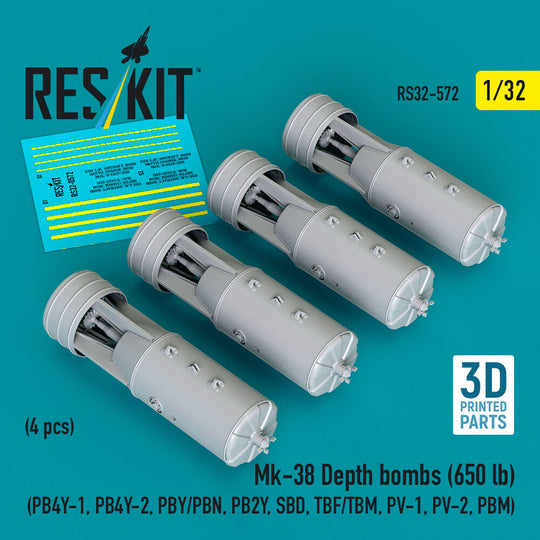 Mk-38 Depth bombs (650 lb) (4 pcs) (PB4Y-1, PB4Y-2, PBY/PBN, PB2Y, SBD, TBF/TBM, PV-1, PV-2, PBM) (3D Printed)