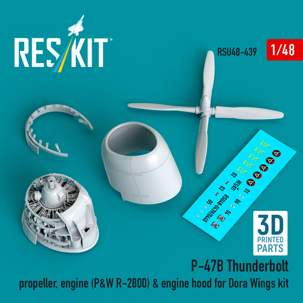 P-47B Thunderbolt propeller, engine (P&W R-2800) & engine hood (3D Printed) for Dora Wings