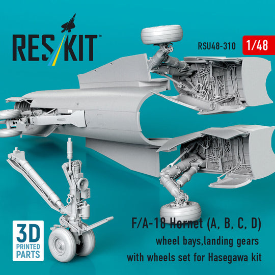 F/A-18 Hornet (A, B, C, D) wheel bays, landing gears with wheels set for Hasegawa kit (3D Printed)