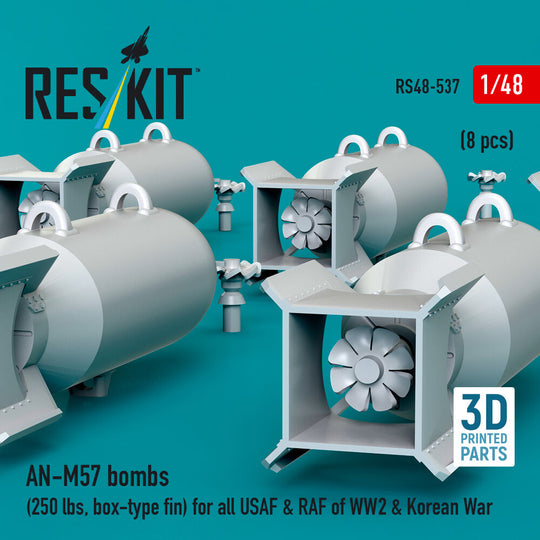 AN-M57 bombs (250 lbs, box-type fin) for all USAF & RAF of WW2 & Korean War (8 pcs) (3D Printed)