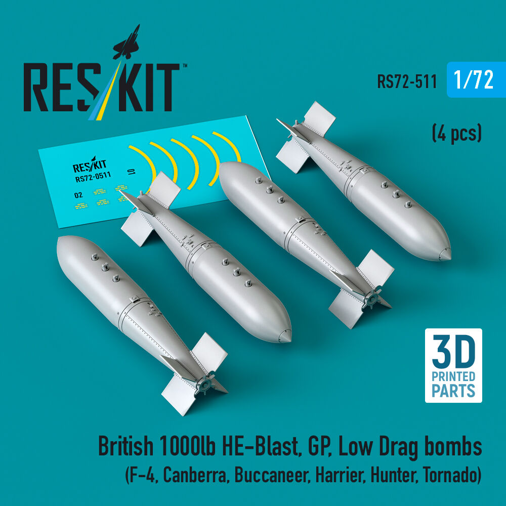British 1000lb HE-Blast, GP, Low Drag bombs (4 pcs) (F-4, Canberra, Buccaneer, Harrier, Hunter, Tornado) (3D printed)