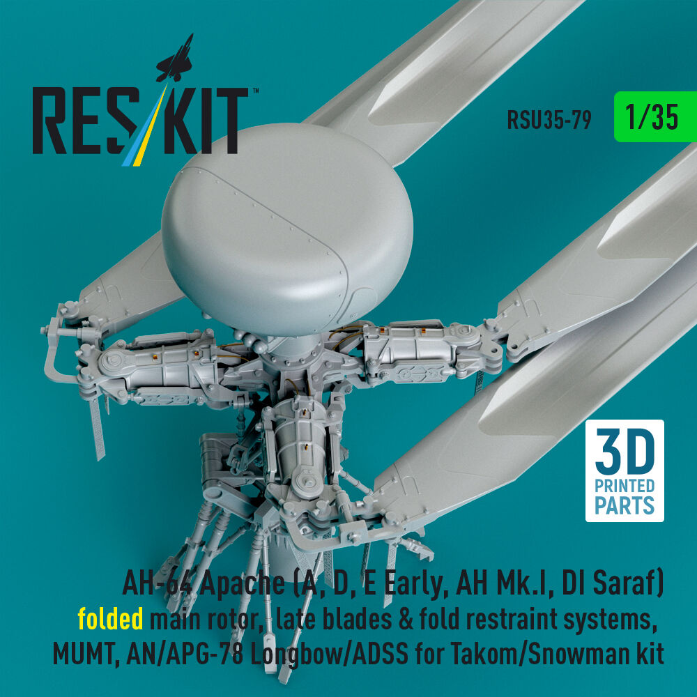 AH-64E late Apache folded main rotor, late blades & fold restraint systems, MUMT, AN/APG-78 Longbow for Takom/Snowman kit (3D Printed)