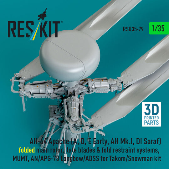 AH-64E late Apache folded main rotor, late blades & fold restraint systems, MUMT, AN/APG-78 Longbow for Takom/Snowman kit (3D Printed)