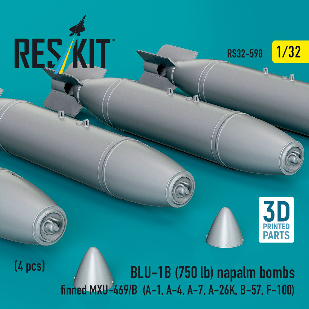 BLU-1B (750 lb) napalm bombs finned MXU-469/B (4 pcs) (A-1, A-4, A-7, A-26K, B-57, F-100) (3D Printed)