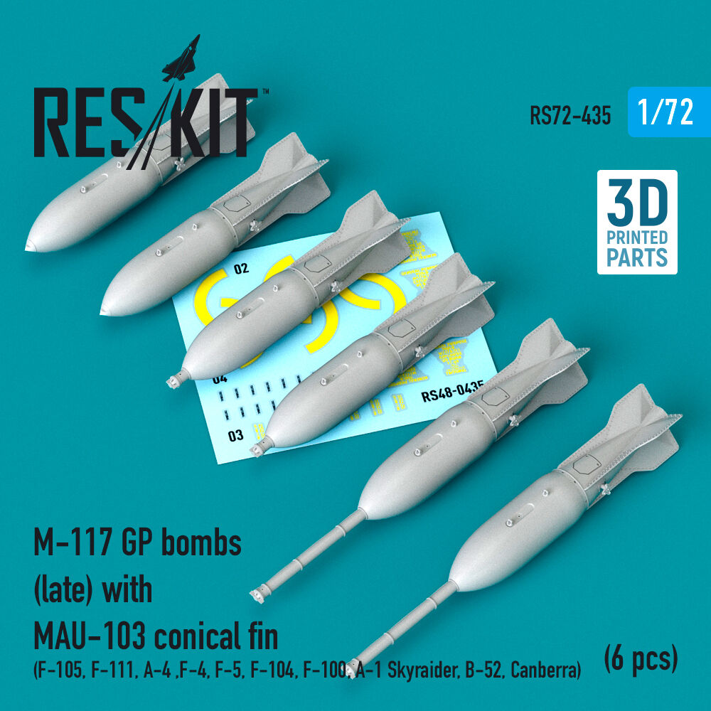 M-117 GP bombs (late) with MAU-103 conical fin (6 pcs) (F-105, F-111, A-4 ,F-4, F-5, F-104, F-100, A-1 Skyraider, B-52, Canberra) (3D Printed)