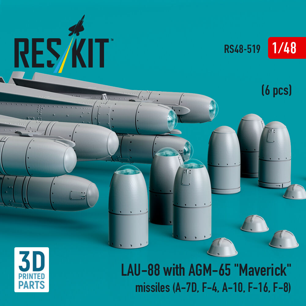 LAU-88 with (2 pcs) AGM-65 Maverick missiles (6 pcs) (A-7D, F-4, A-10, F-16) (3D Printed)