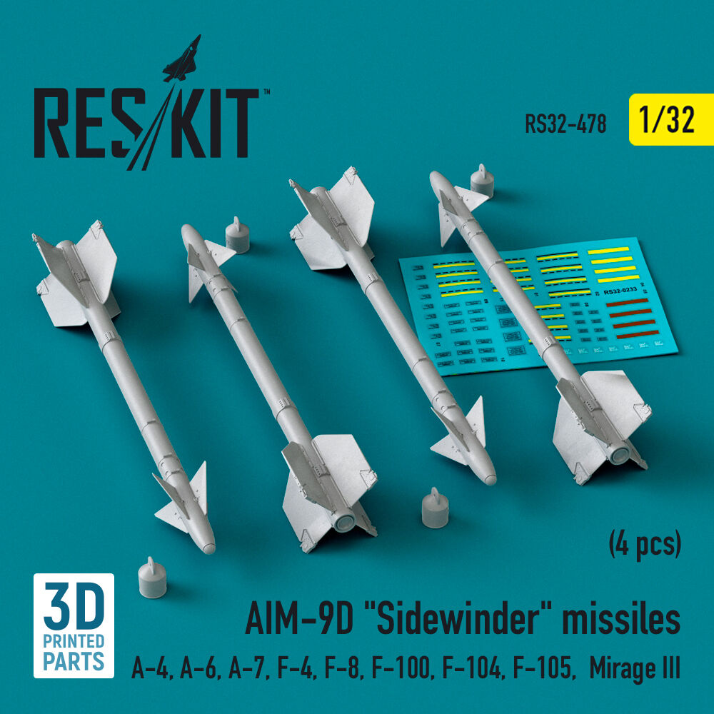 AIM-9D Sidewinder missiles (4 pcs) (A-4, A-6, A-7, F-4, F-8, F-100, F-104, F-105, Mirage III) (3D Printed)