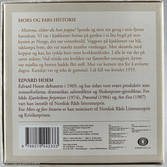 Edvard Hoem 2005 Mors og fars historie. Lydbok på CD. Dorling Kindersley / Egmont Film