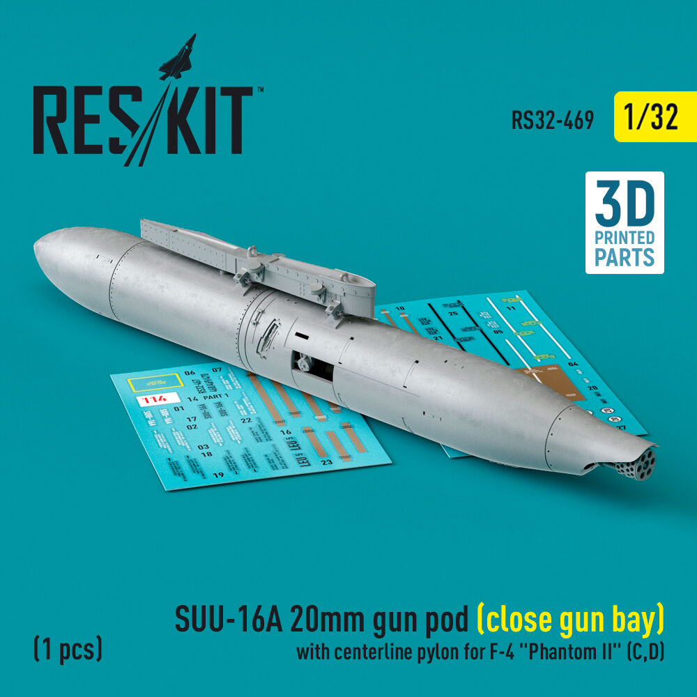 SUU-16A 20mm gun pod (close gun bay) with centerline pylon for F-4 Phantom II (C,D) (1 pcs) (3D Printed)